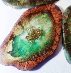 green and brown resin geode coaster set