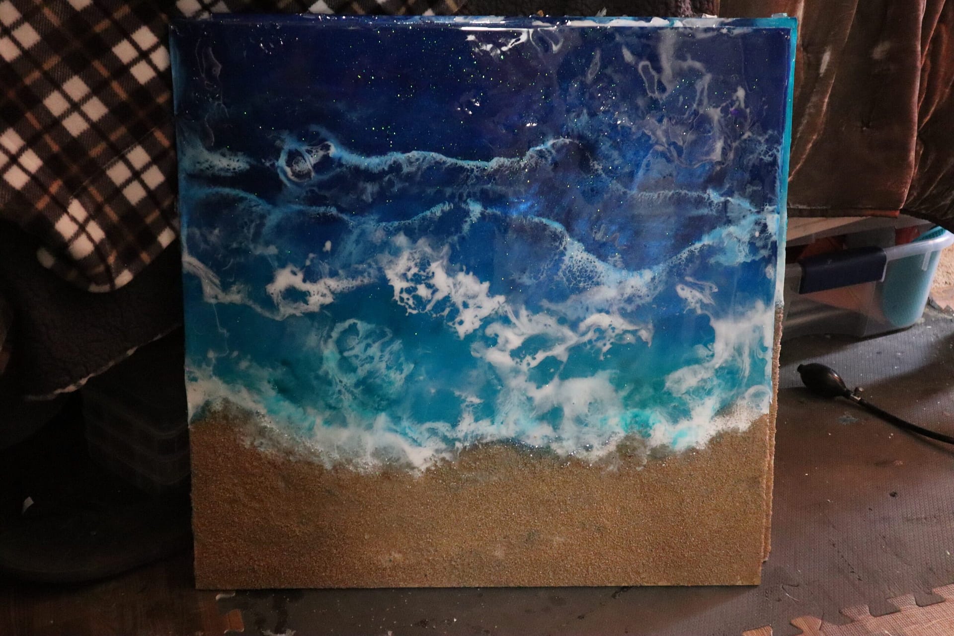 Original Epoxy Resin and Acrylic Paint Ocean Beach Art on 12 by 24